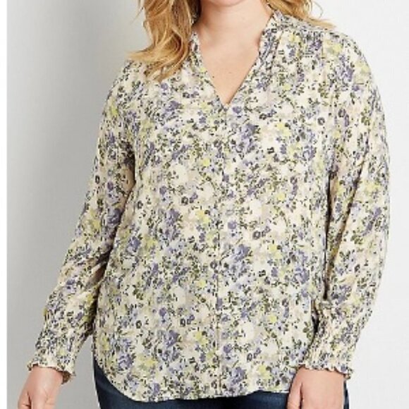 Maurices Women's Plus Size Yellow Floral Button Down Ruffle Neck Blouse - 1X - Picture 1 of 8